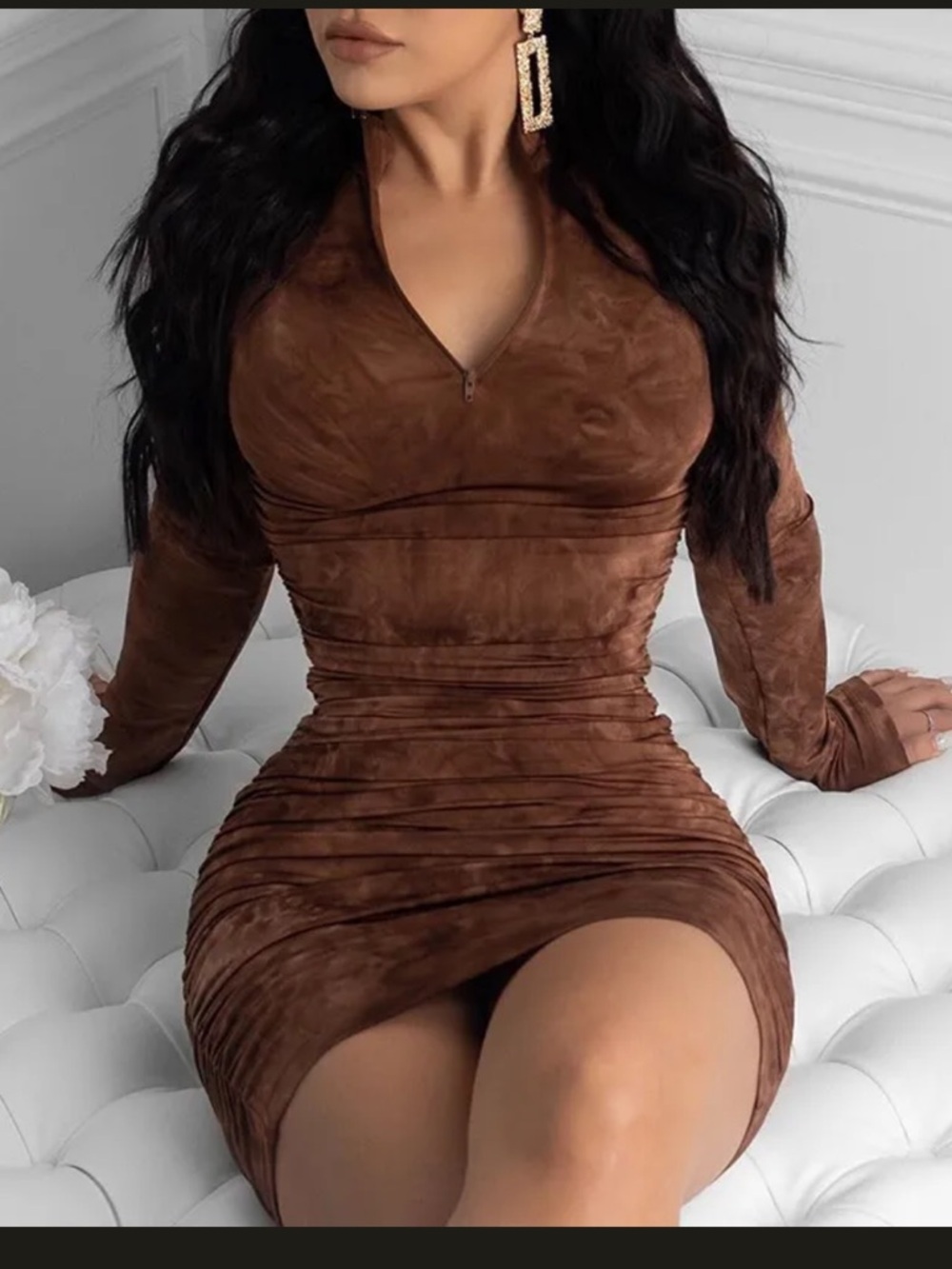 Brown Ruched Long-Sleeve Bodycon Dress